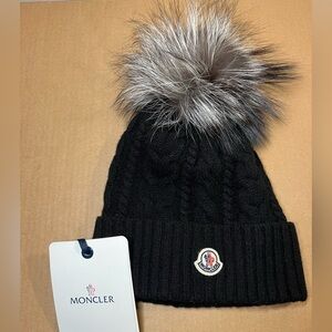 Moncler Black Knit Beanie with Fur Pom
